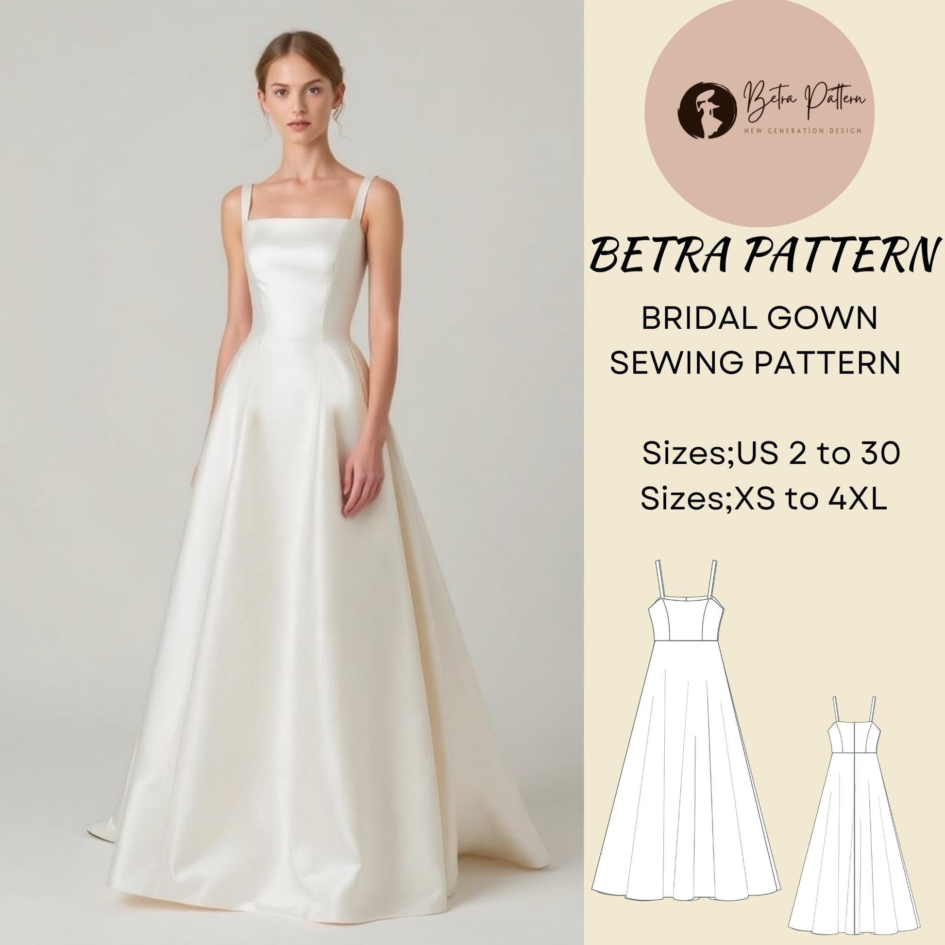 BetraPattern Satin Wedding Maxi Dress Bridal Gown Sewing Pattern