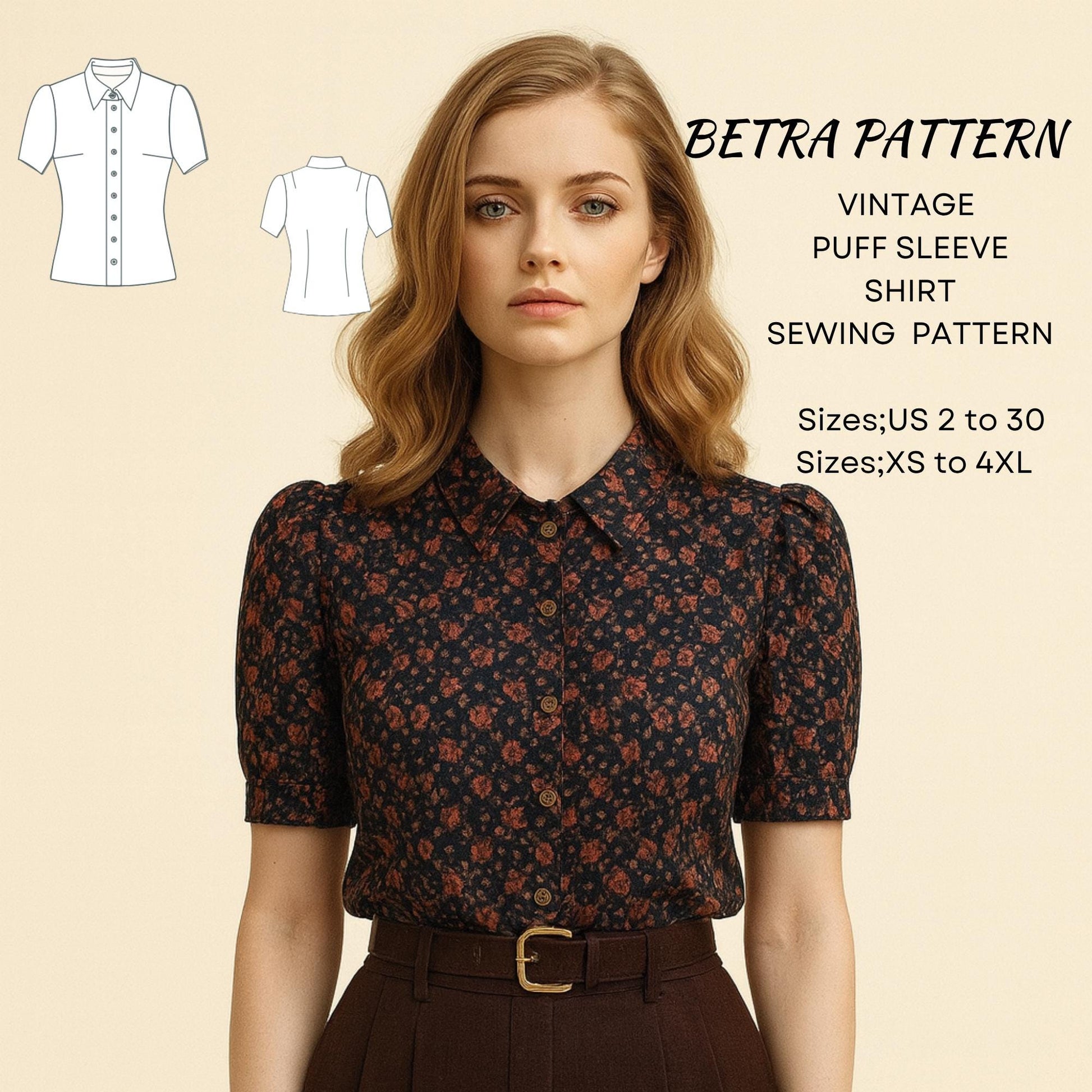BETRAPATTERN Vintage Puff Sleeve Blouse Sewing Pattern PDF Bundle