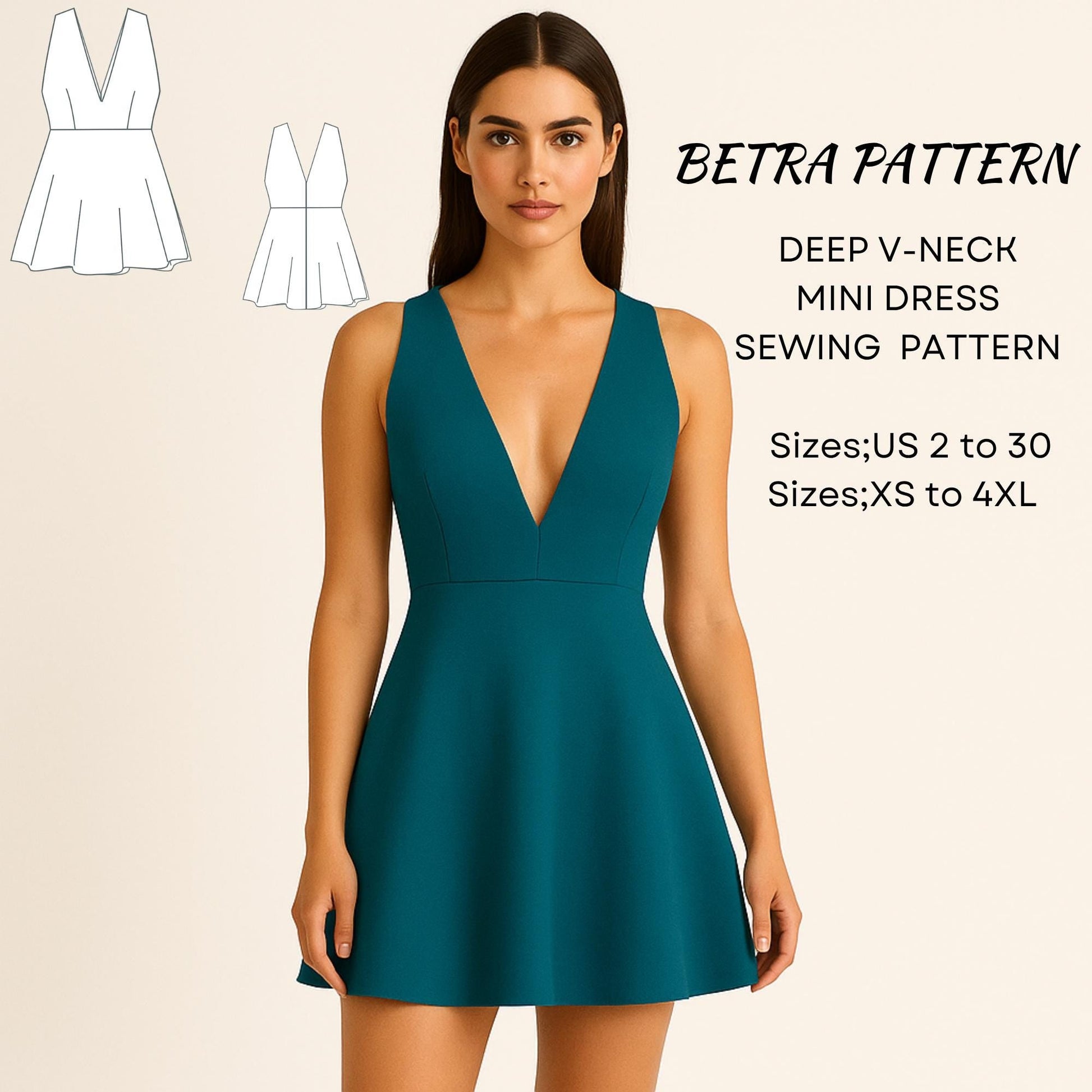 BETRAPATTERN Deep V-Neck Mini Dress Sewing Pattern PDF Download