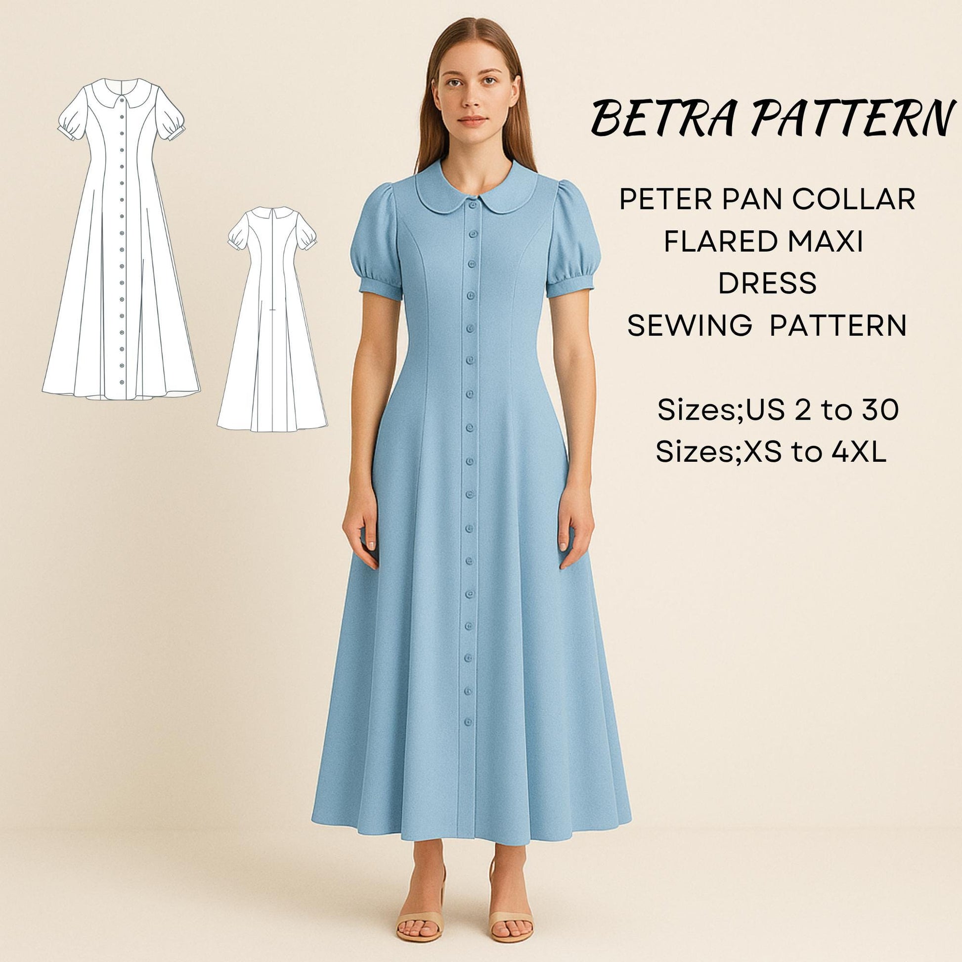 BETRAPATTERN Peter Pan Collar Maxi Dress Sewing Pattern Puff Sleeve