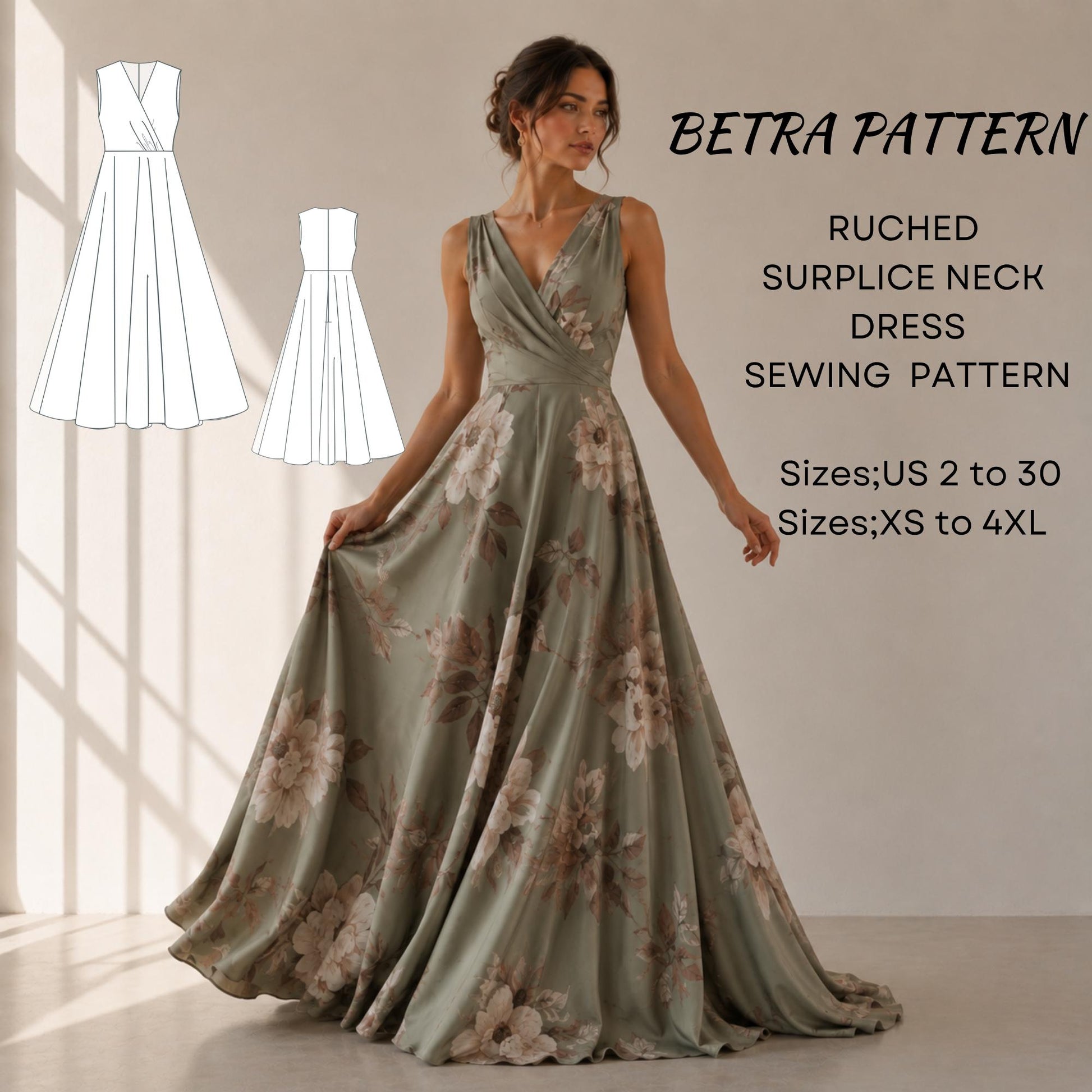 BETRAPATTERN Ruched Surplice Neck Maxi Dress Sewing Pattern Digital Download