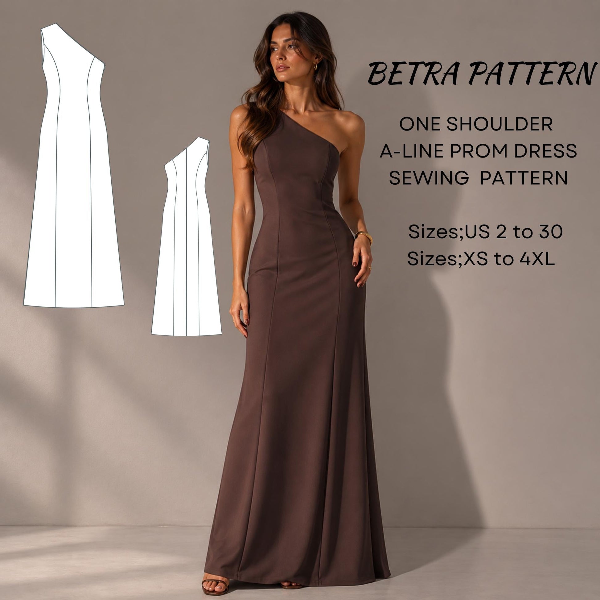 BETRAPATTERN One Shoulder Prom Dress Sewing Pattern A-Line